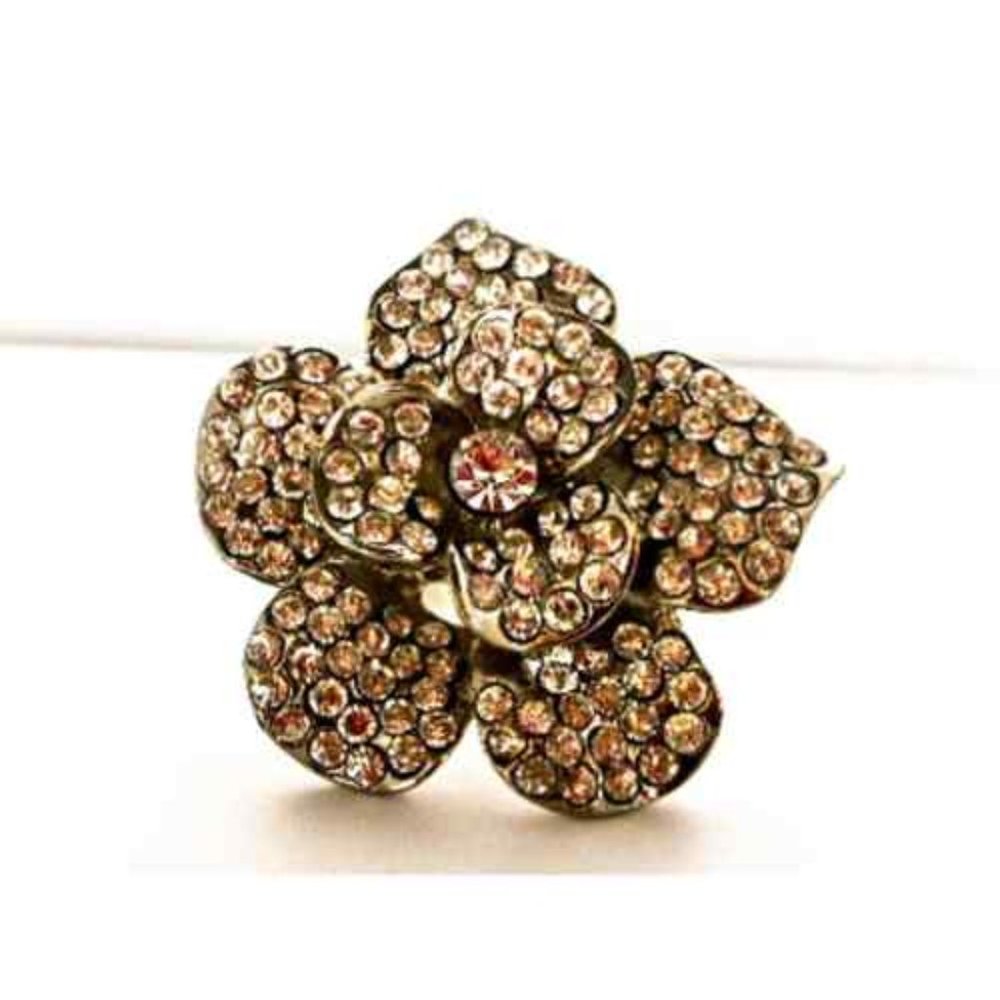 Big Silver Tone White Rhinestone Flower Ring , Size 5 1/2